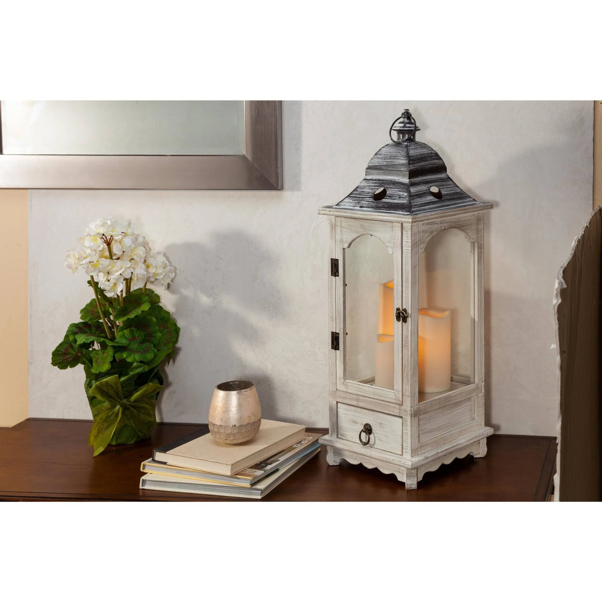 Faded White Wood Lantern with Metal Top & Glass Windows W127