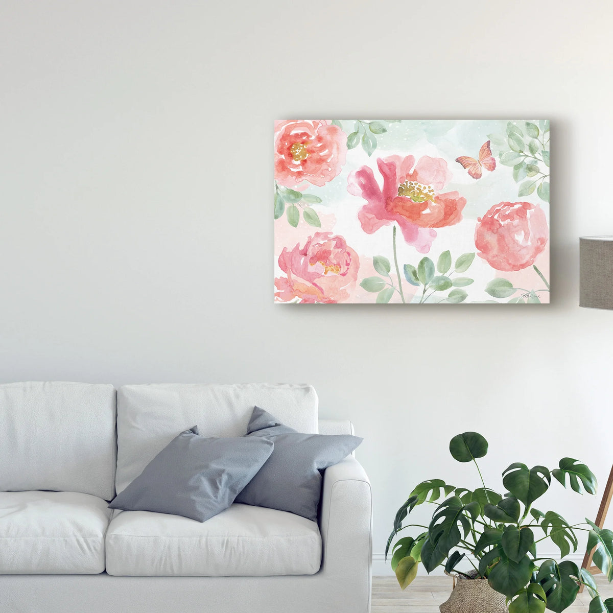 Watercolorful Pink And Green Floral Canvas Art S9134