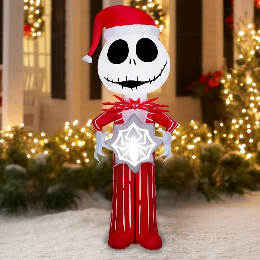5.5 Foot Stylized Jack Skellington Inflatable with Spider Snowflake and Sally Holding Wreath Y5095