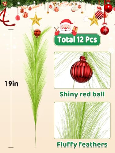 8Pcs Lime Green Fluffy Curly Christmas Tree Picks Decorations with Red Ball M561