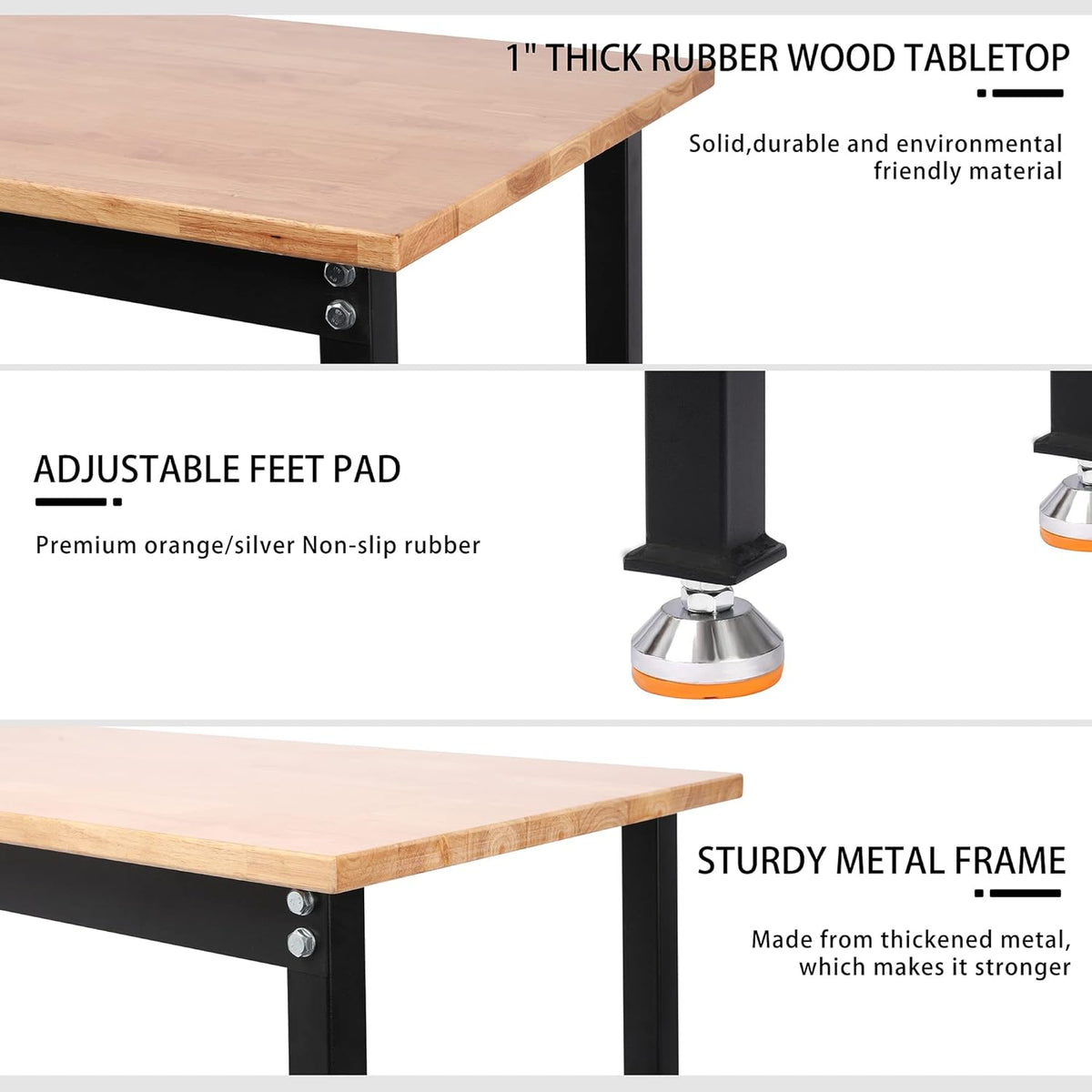 48 Heavy-Duty Adjustable Workbench Rubber Wood Shop Table N4687