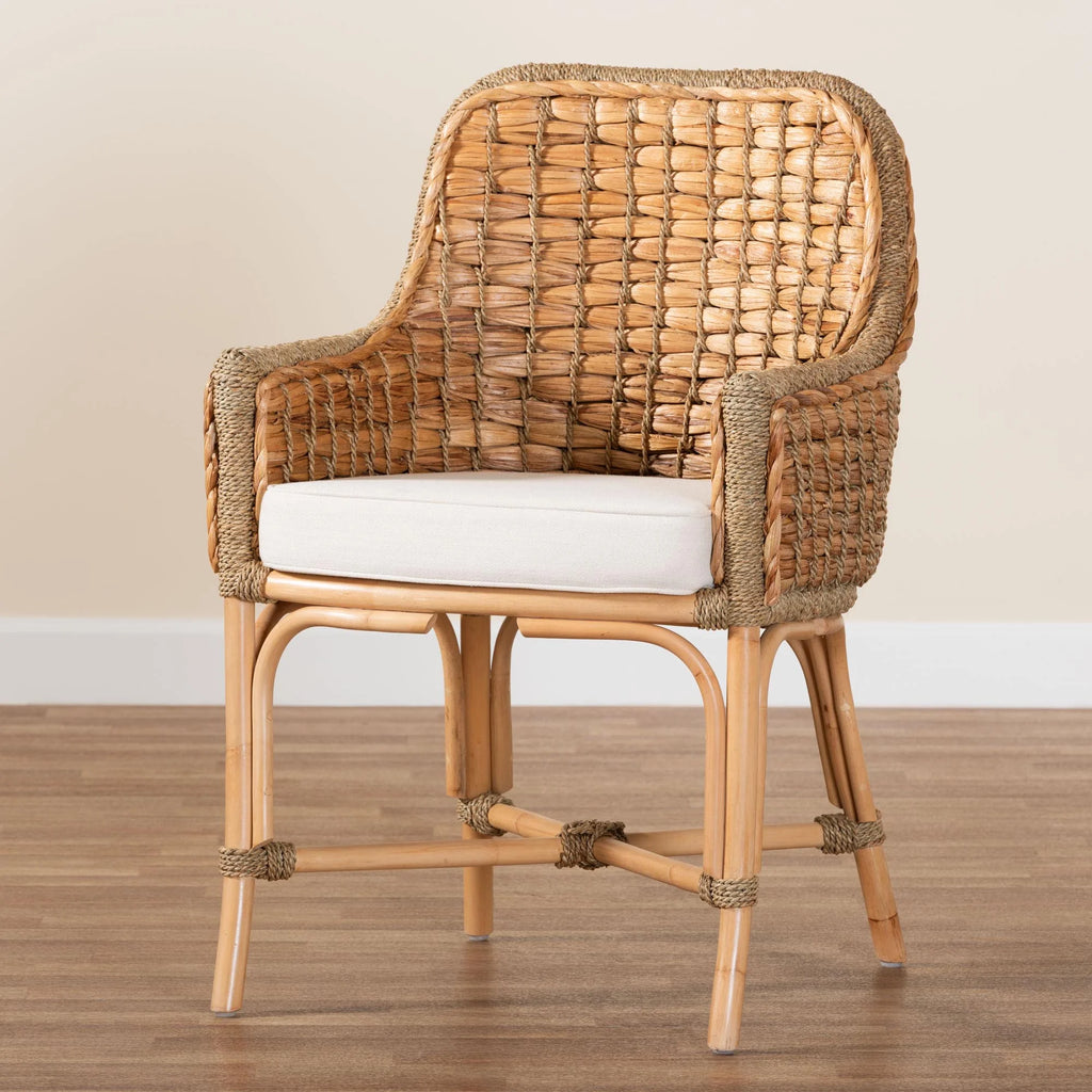 Natural Brown Woven Rattan Dining Arm Chair with Cushion U544633