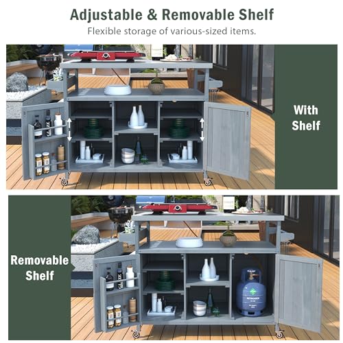 Solid Wood Grill Table with Stainless Steel Top and Internal Storage Racks S812103