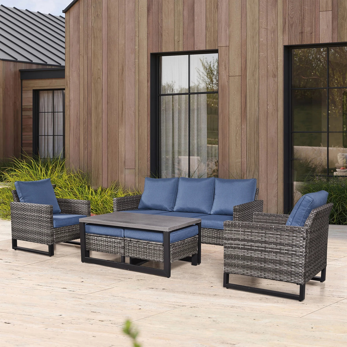 Blue Cushion Rattan Patio Furniture Set with Sofa, Chairs, Coffee Table and Ottomans R2093