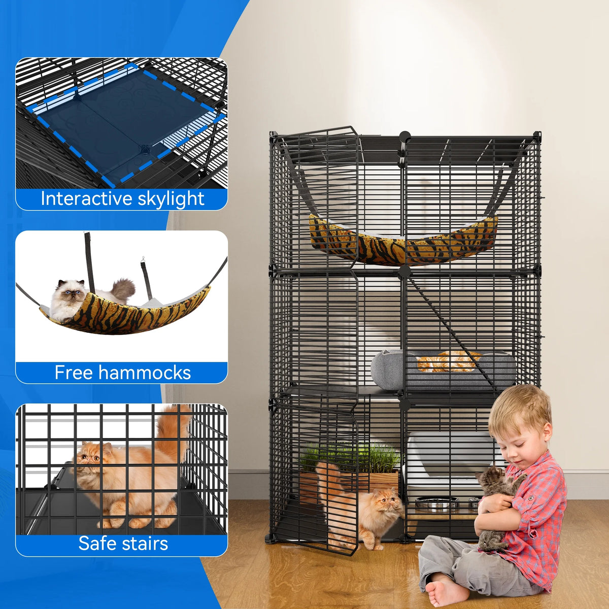 Indoor Cat Cage with Extra Large Hammock for Multiple Small Animals, 28"L x 28"W x 41"H, Black M924