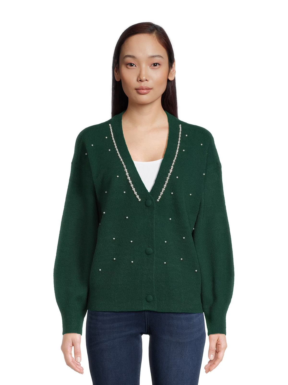 Women's V-Neck Embellished Button Front Cardigan with Long Sleeves W658