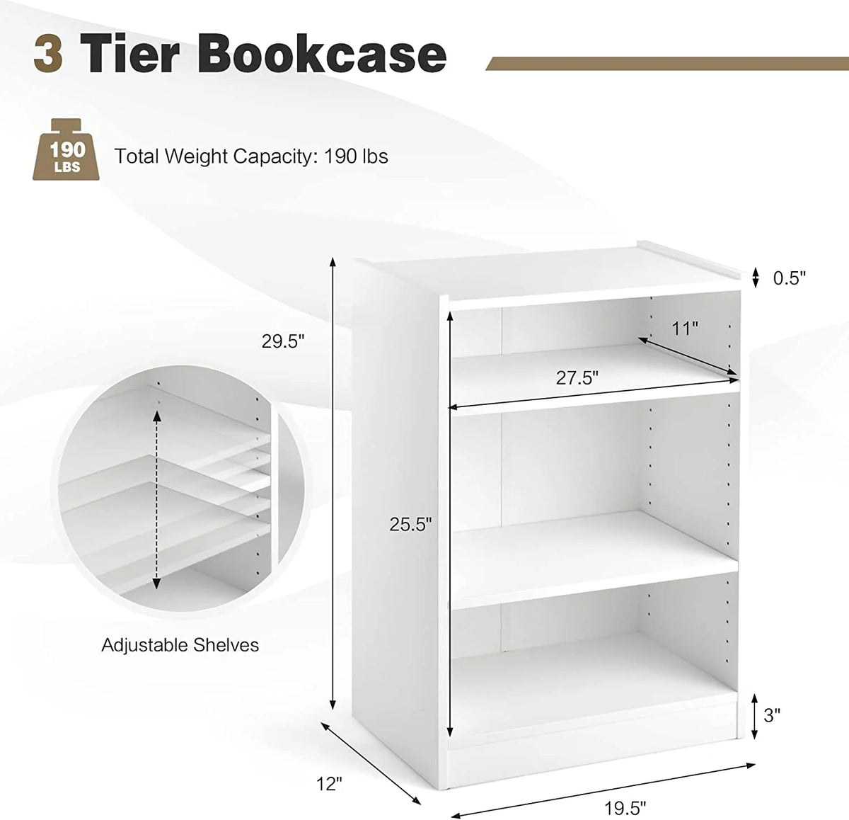 3-Tier Open Bookcase with Adjustable Shelves S82145