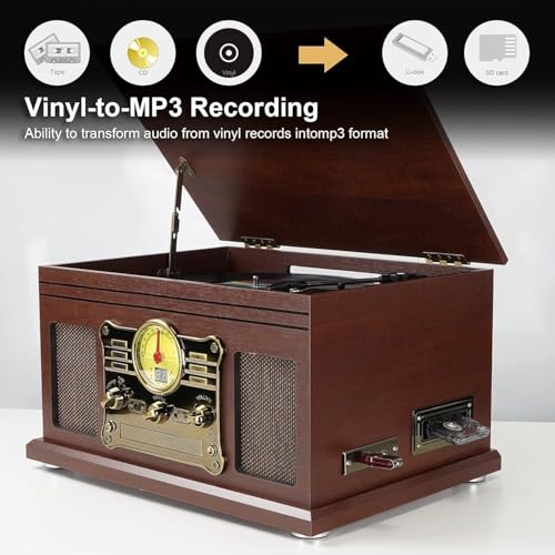 Mahogany Bluetooth Turntable with Speakers V7672