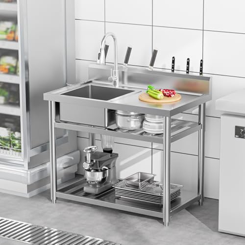 Stainless Steel Freestanding Utility Sink with Workbench Drawer Double Shelves Y4471