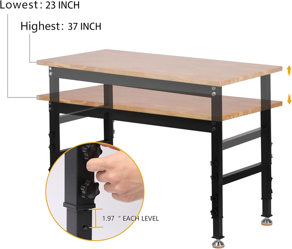 48 Heavy-Duty Adjustable Workbench Rubber Wood Shop Table N4687
