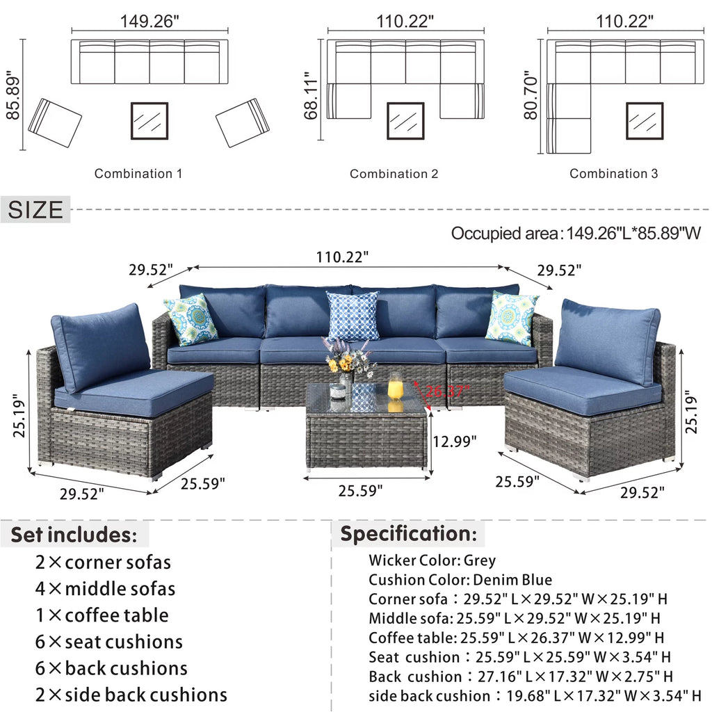 7 Pieces Wicker Outdoor Patio Sectional Couch X36704