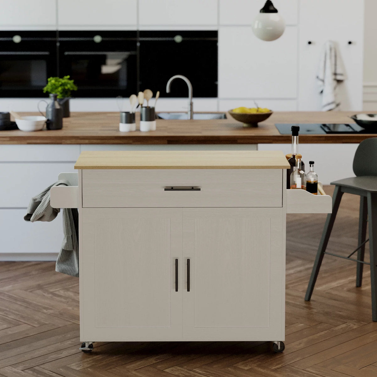 White Rolling Kitchen Island with Storage Cabinet M720
