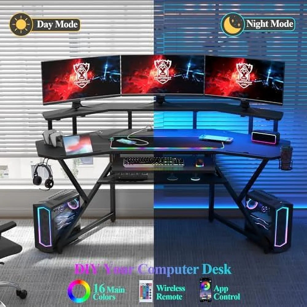 72" Gaming Desk with Power Outlet & Led Strip A352