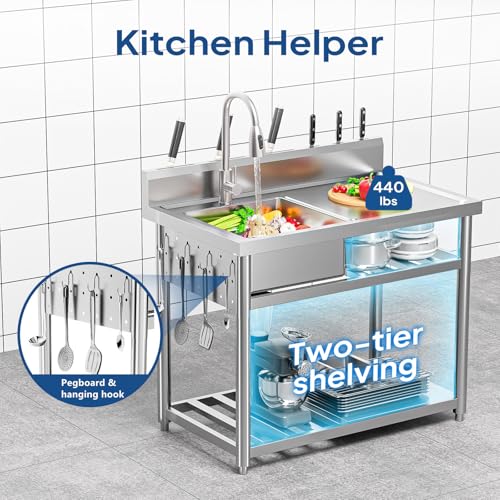 Stainless Steel Freestanding Utility Sink with Workbench Drawer Double Shelves Y4471