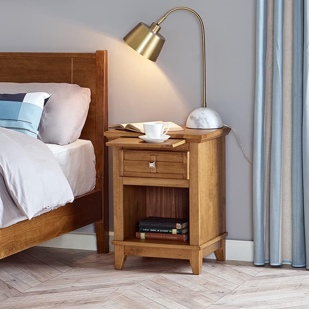 Teak Finish Wood Nightstand with Drawer and Pull-Out Tray K47367
