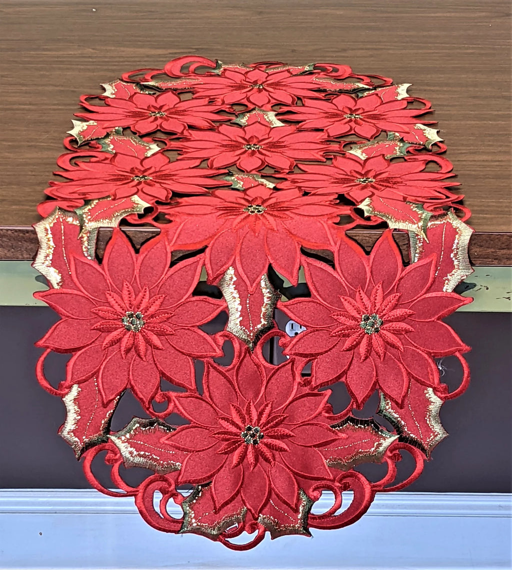 Christmas Table Runner with Red Cutwork Poinsettias, 34 x 15 inches A44734