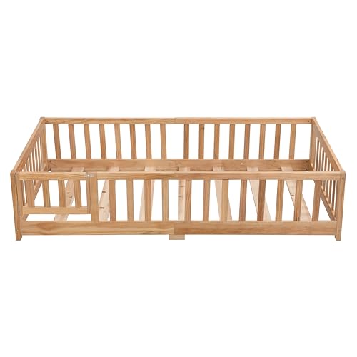 Gray Solid Wood Twin Size Floor Bed with Rails and Slats E396157