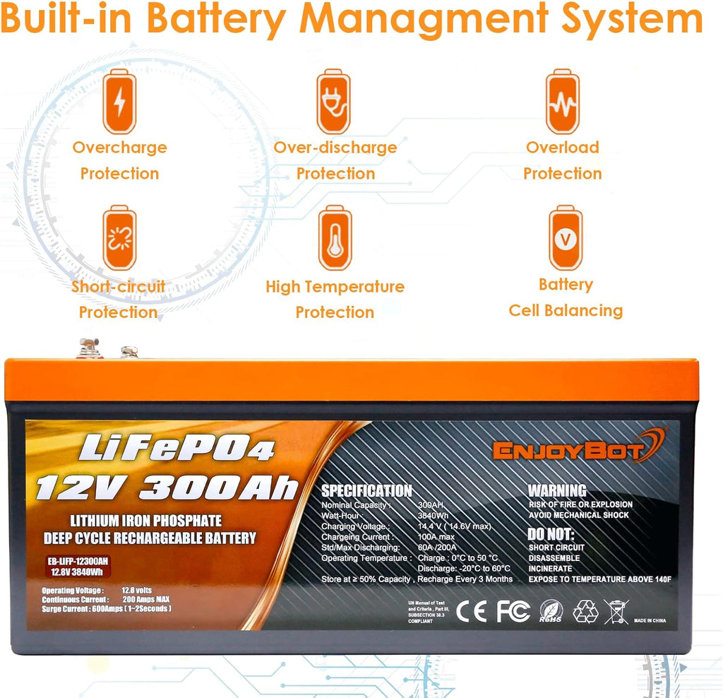 LiFePO4 12V 300Ah Lithium Iron Phosphate Battery with 200A BMS D8559