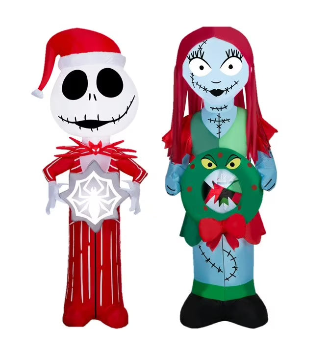 5.5 Foot Stylized Jack Skellington Inflatable with Spider Snowflake and Sally Holding Wreath Y5095