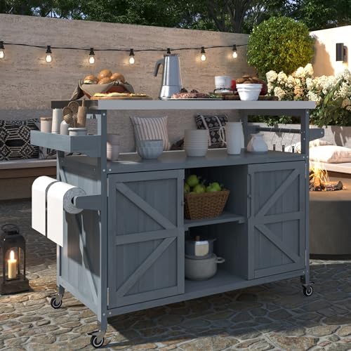 Solid Wood Grill Table with Stainless Steel Top and Internal Storage Racks S812103