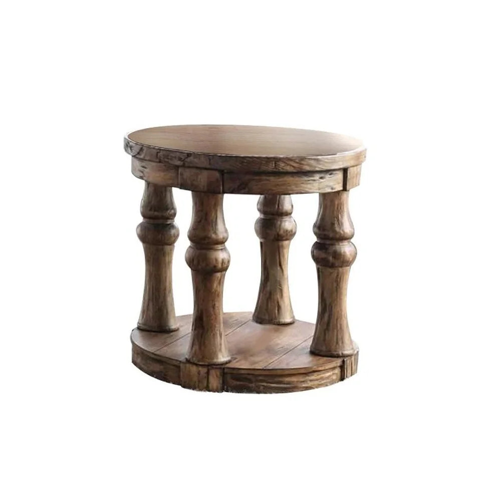 Round Wooden End Table with Open Shelf Antique Oak O404695