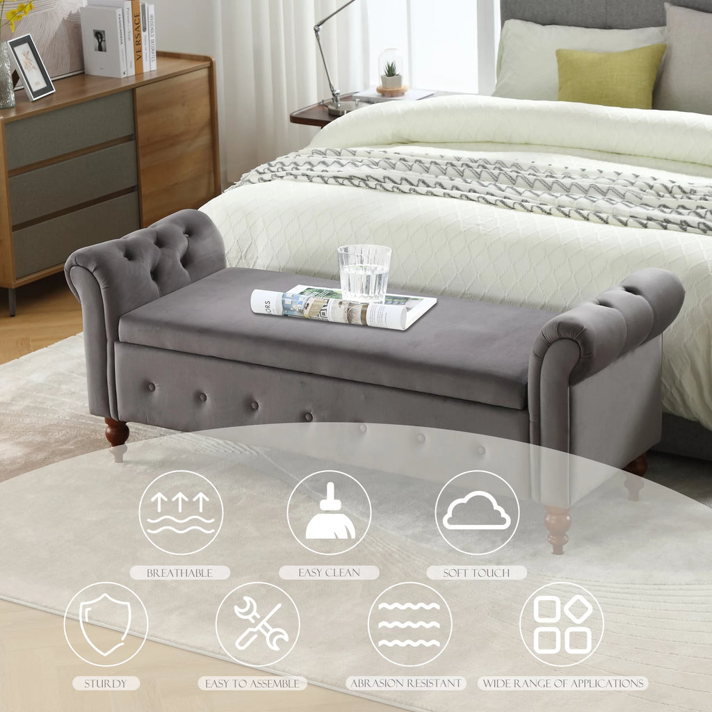 Gray Velvet Upholstered Storage Bench with Arms Y419