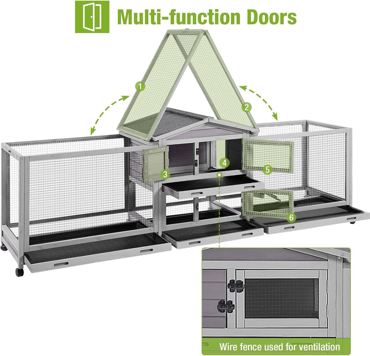 93.7" Rabbit Hutch with 8 Wheels and 4 Pull Out Trays E505