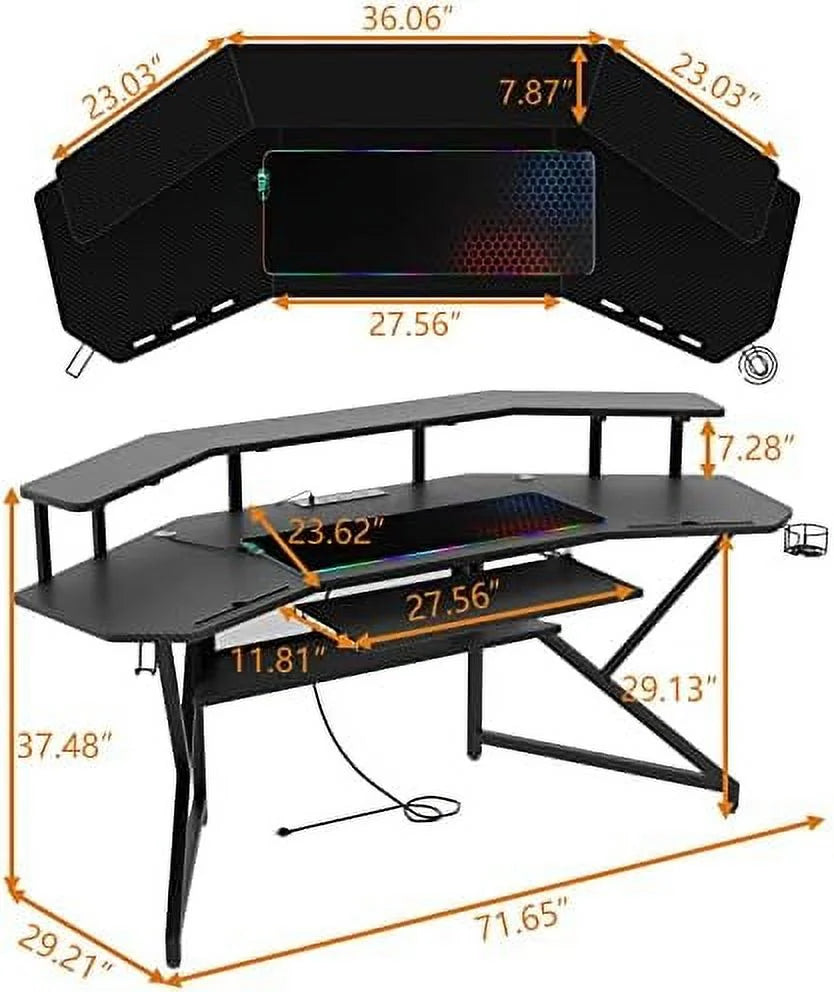 72" Gaming Desk with Power Outlet & Led Strip A352