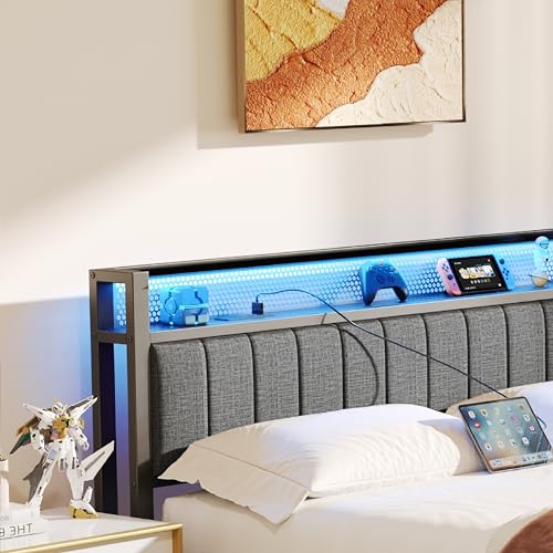 Gray Queen Size Metal Platform Bed Frame with Storage Headboard H88851