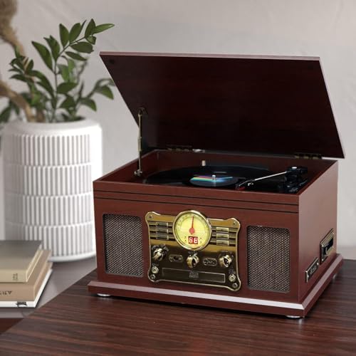 Mahogany Bluetooth Turntable with Speakers V7672