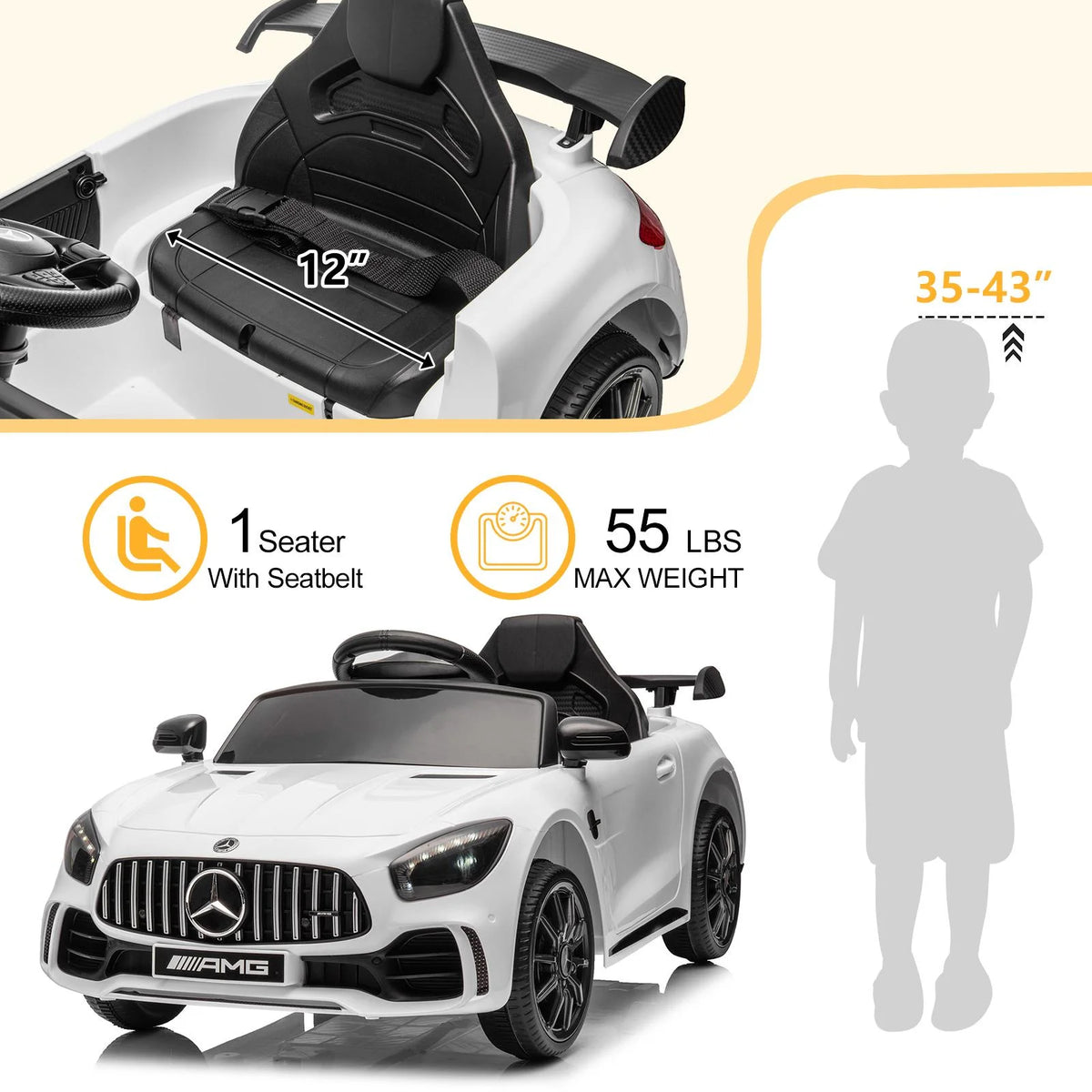12V Electric Ride on Car Toy with Remote Control, LED Lights, Black V53483