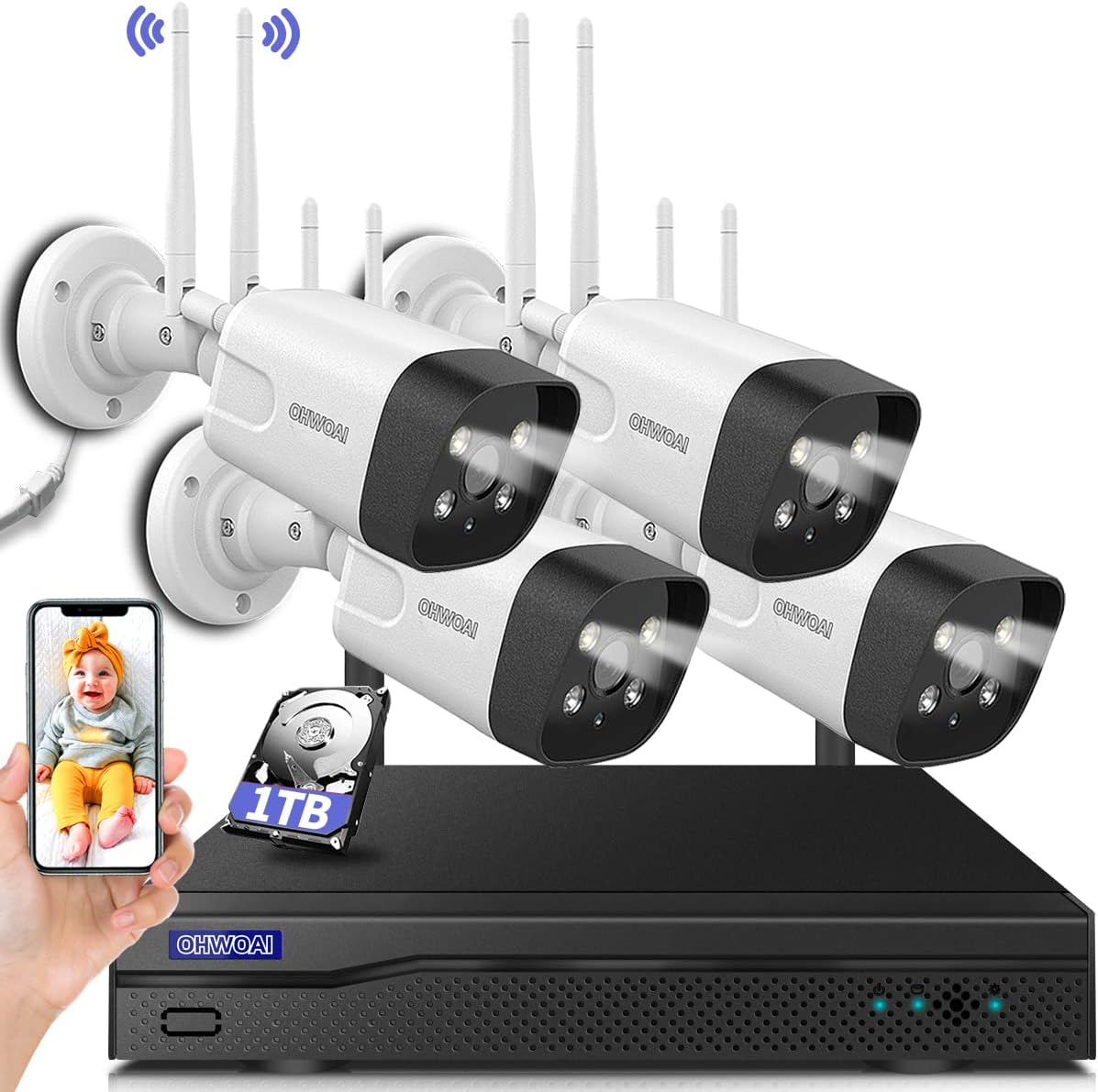 Wireless Security Camera System 8CH NVR 4Pcs Dual Antenna IP Cameras with Floodlights IP66 1TB HDD H719851