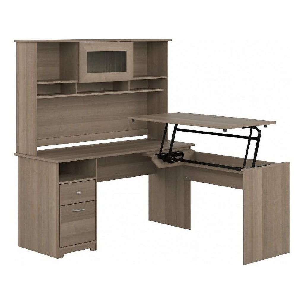 Ash Gray Engineered Wood Sit to Stand L Desk with Hutch H78525