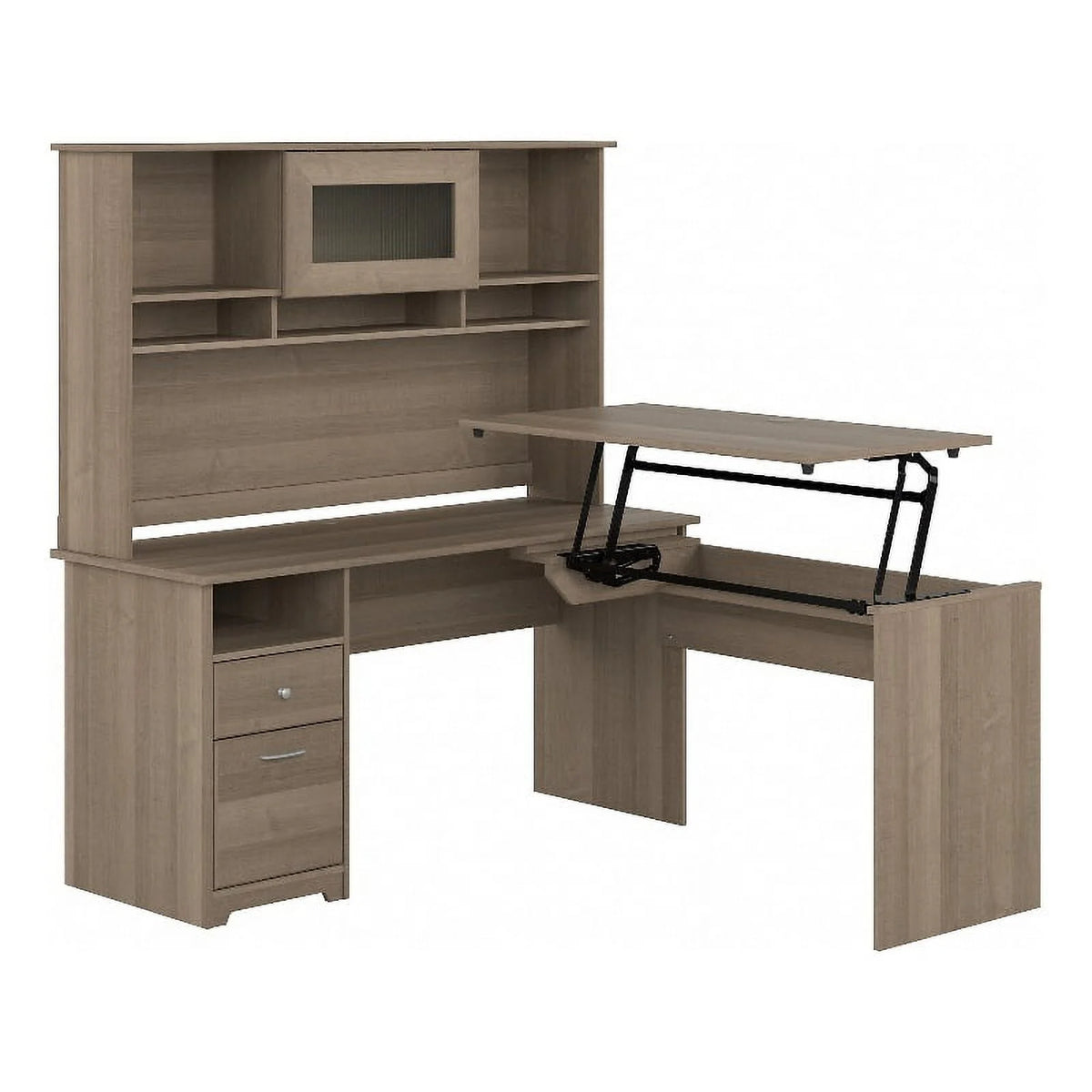 Ash Gray Engineered Wood Sit to Stand L Desk with Hutch H78525