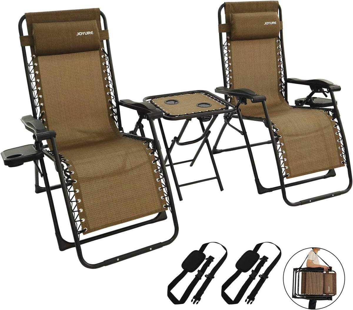 Set of 2 Brown Folding Recliner Chairs with Carry Strap F7707
