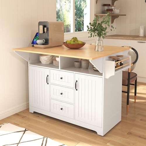 55.7'' Rolling Kitchen Island with 2 Drop Leaves and 3 Drawers M573209