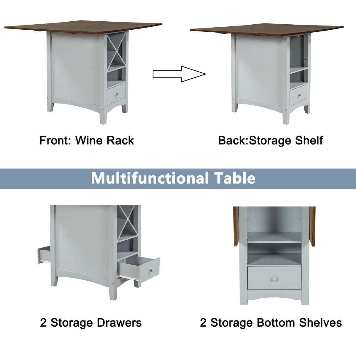 Wood 5-Piece Counter Height Dining Table Set with Rack and Drawers G588