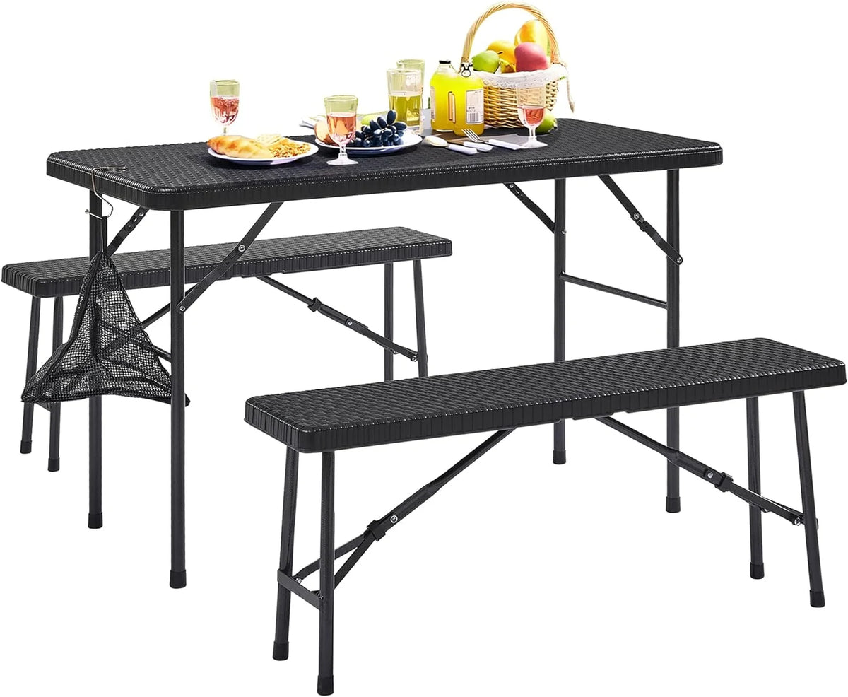 Black 3 Piece Folding Picnic Table with Benches N458628