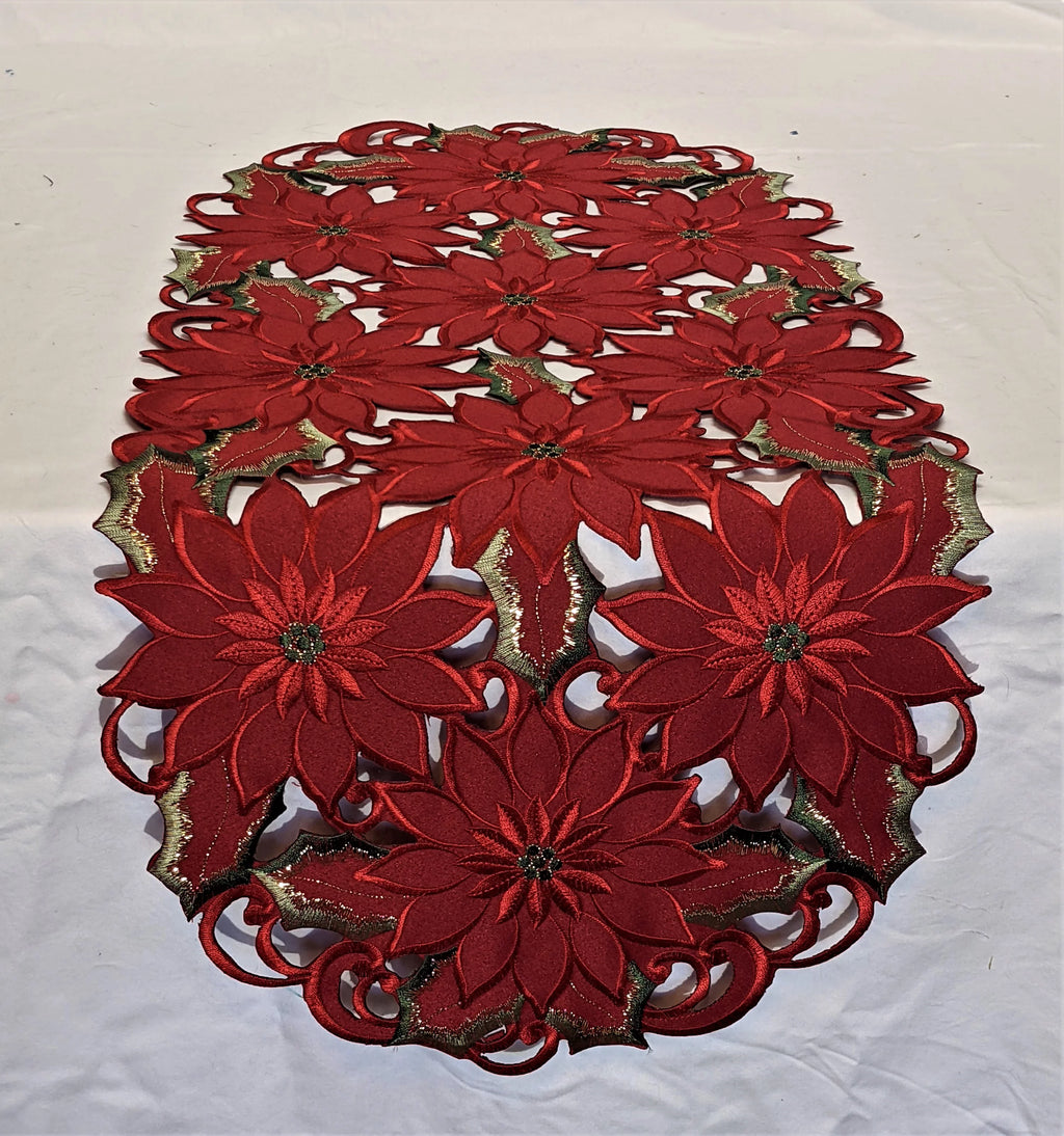 Christmas Table Runner with Red Cutwork Poinsettias, 34 x 15 inches A44734