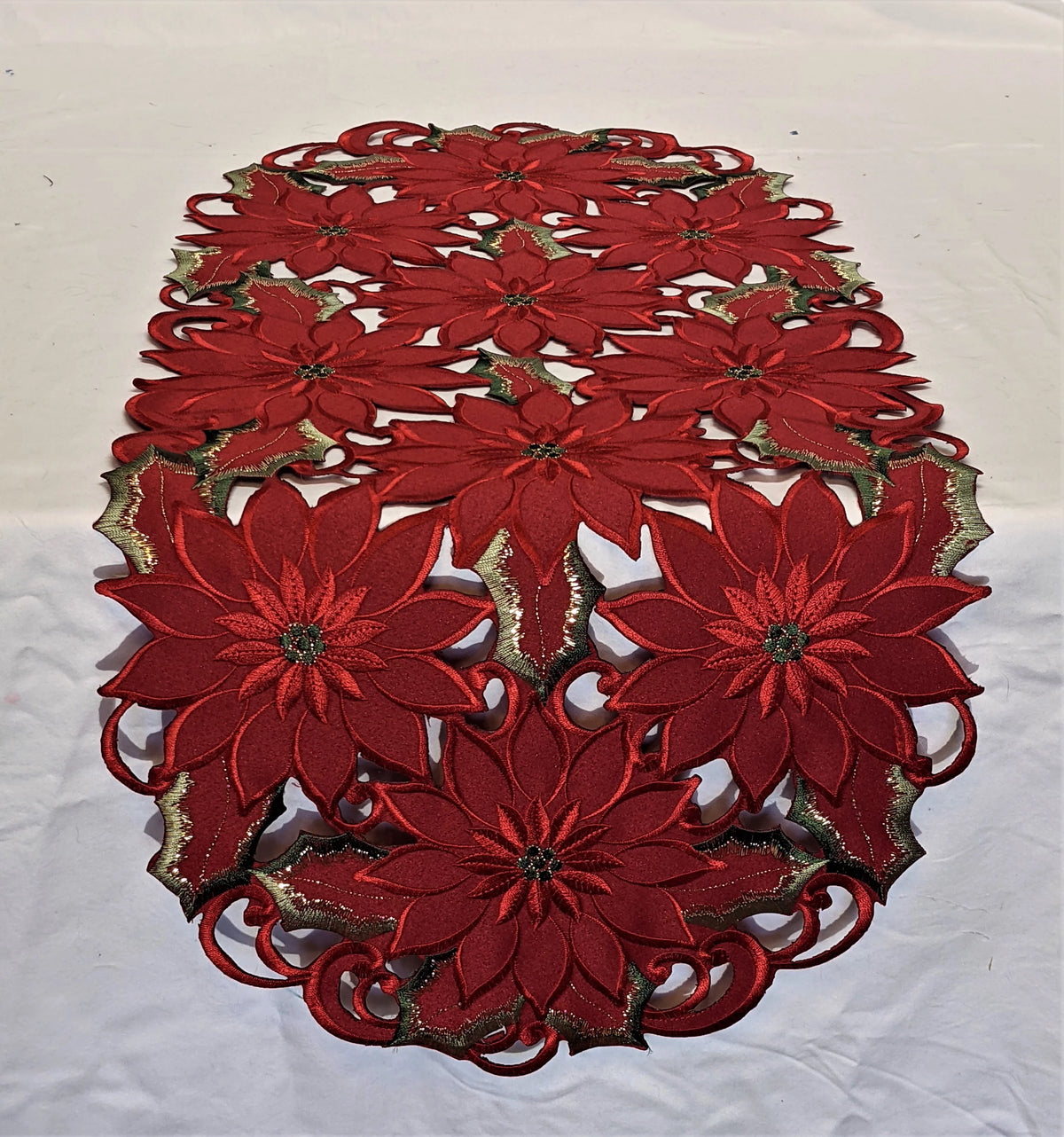 Christmas Table Runner with Red Cutwork Poinsettias, 34 x 15 inches A44734
