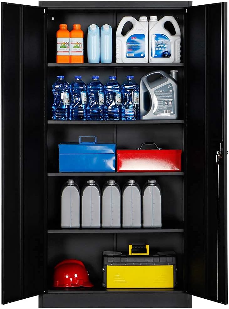Black 70.8 H Metal Storage Cabinet with 4 Adjustable Shelf and 2 Locking Doors U7395