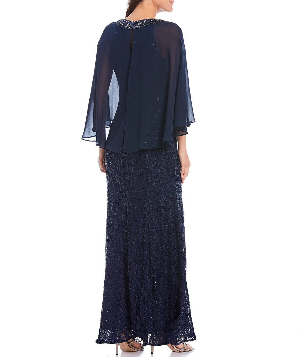 Sequin Lace Chiffon Capelet Gown I93685