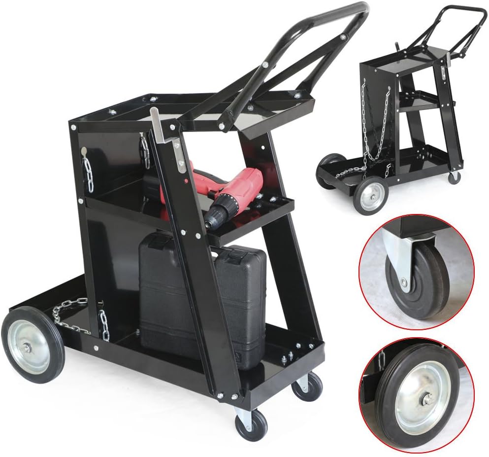 Black Heavy Duty Rolling Welding Cart with Wheels and Tank Storage Z625