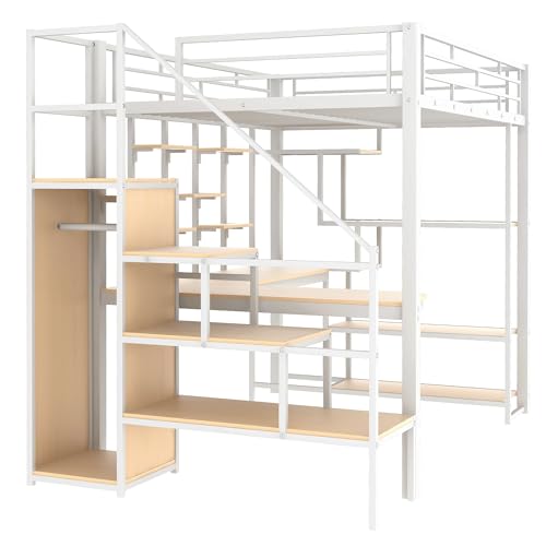 Black Full Size Metal Loft Bed with Storage Staircase and Wardrobe H329079