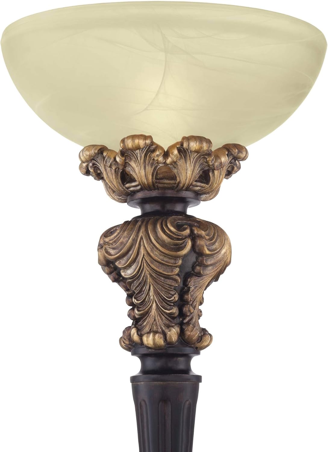 Tall Carved Wood Amber Glass Torchiere Floor Lamp V635