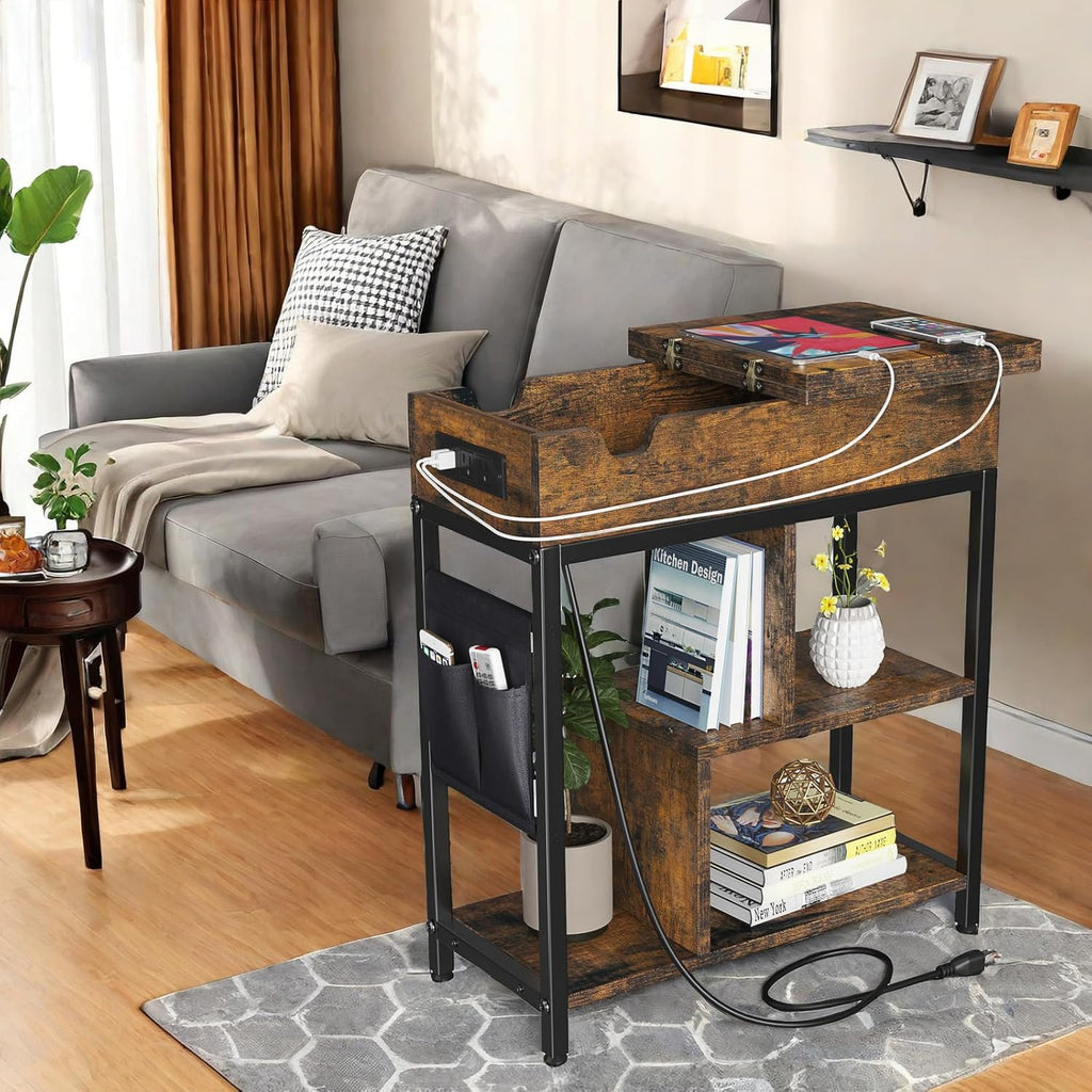 Side Table with Charging Station, Flip Top End Table with USB Ports and Outlets E25101