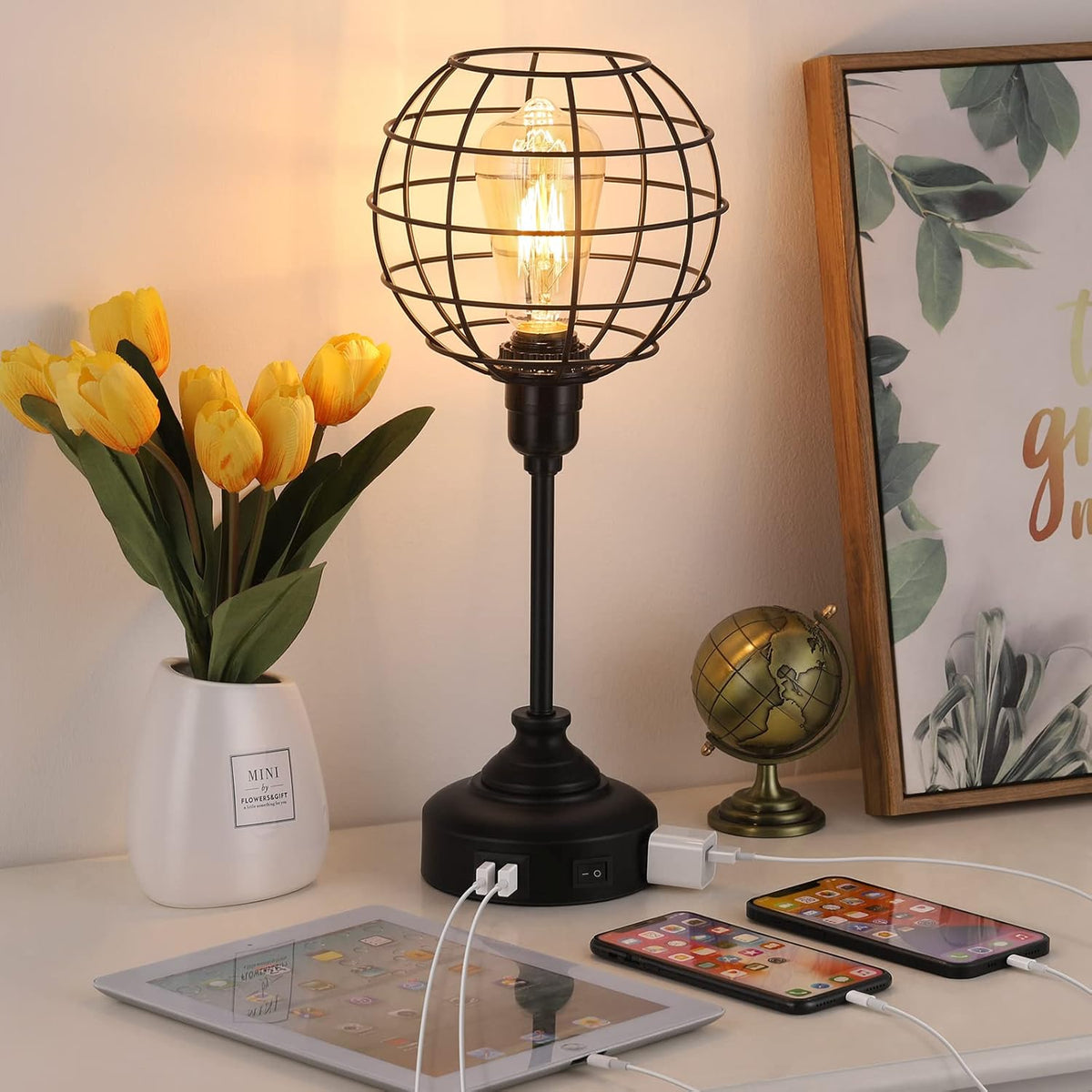Industrial Table Lamp with USB Ports and Outlets Z6025