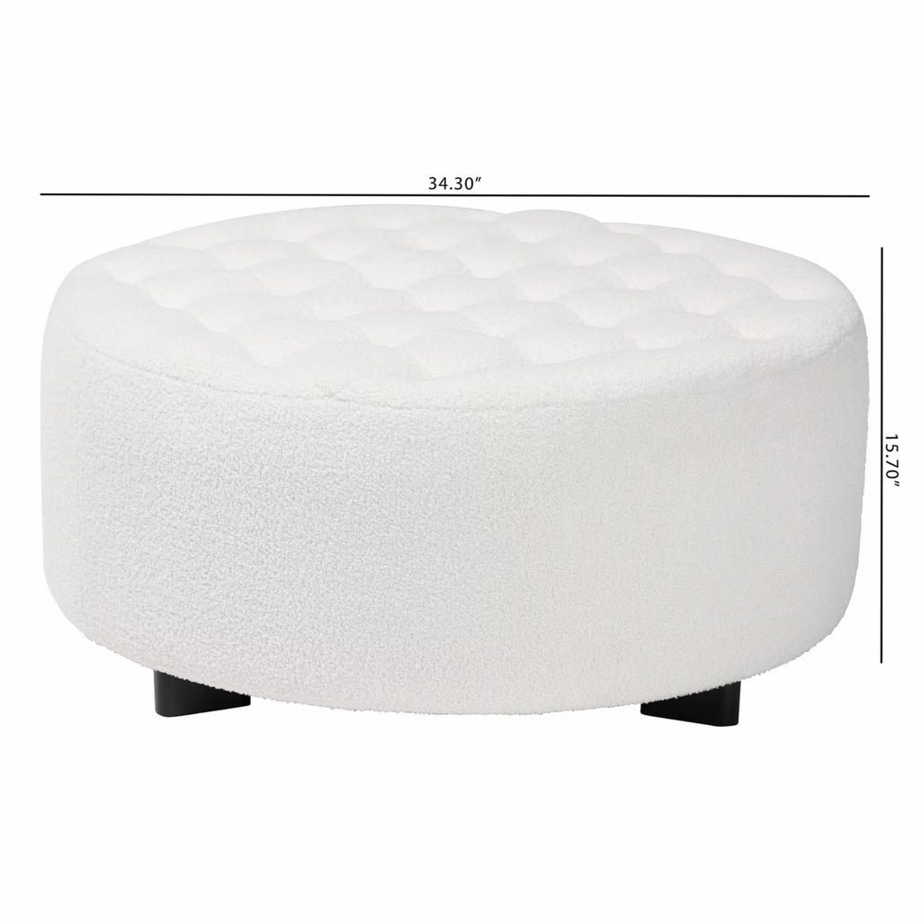 Ivory Boucle Upholstered Black Wood Round Ottoman M3062