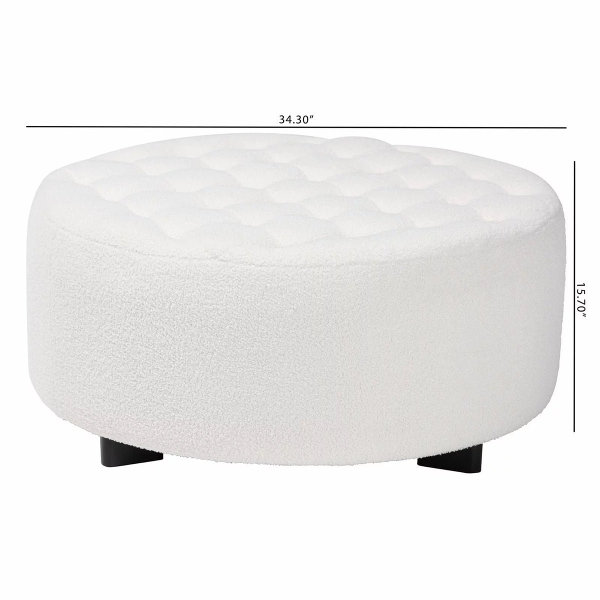 Ivory Boucle Upholstered Black Wood Round Ottoman M3062