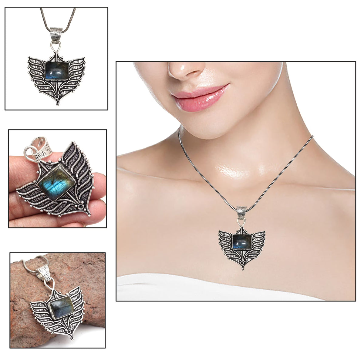 Silver 925 Sterling Garnet Gemstone Necklace Labradorite Jewelry Handmade I8978